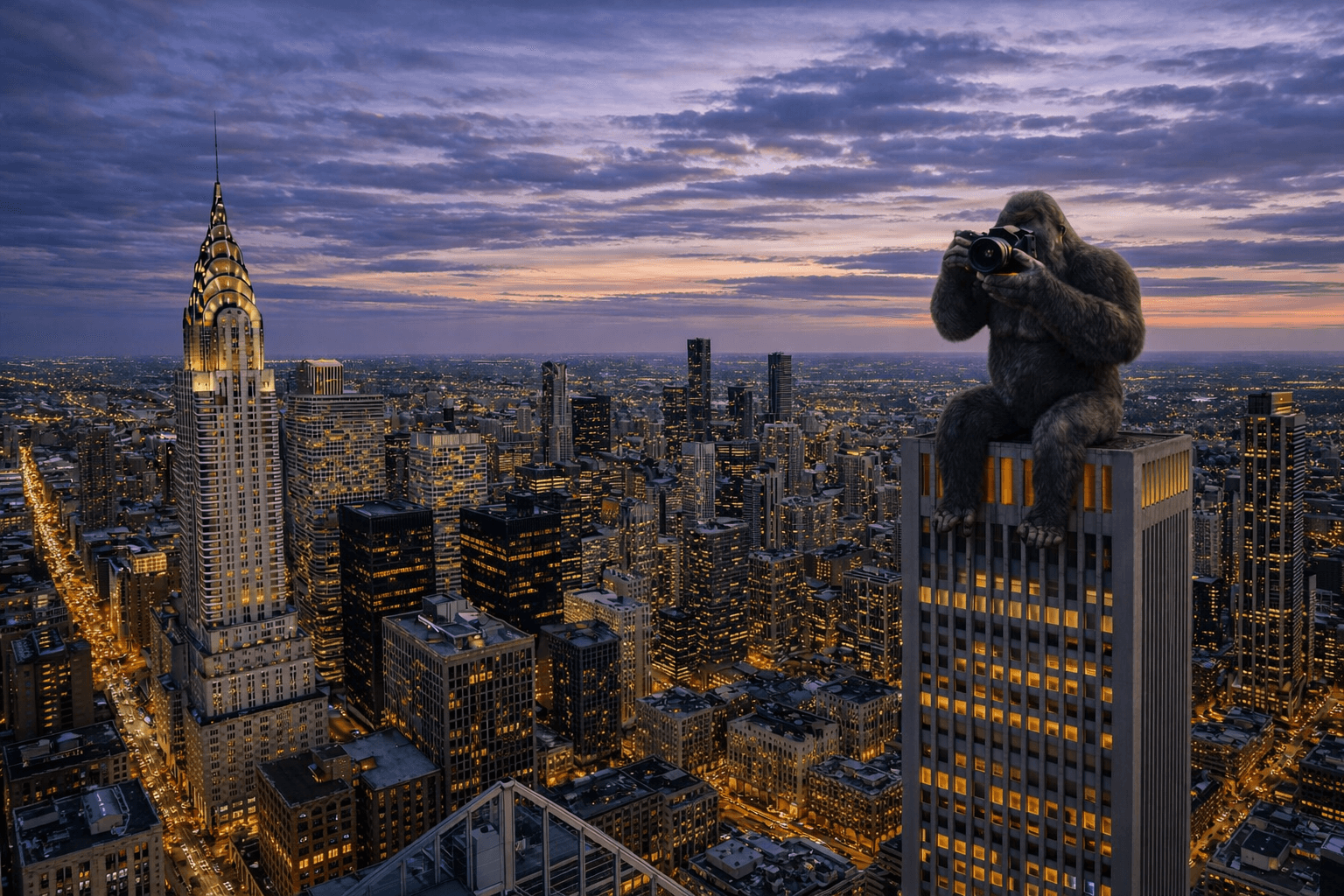 King Kong gorilla photographing from a Chicago rooftop at dusk